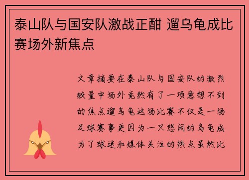 泰山队与国安队激战正酣 遛乌龟成比赛场外新焦点